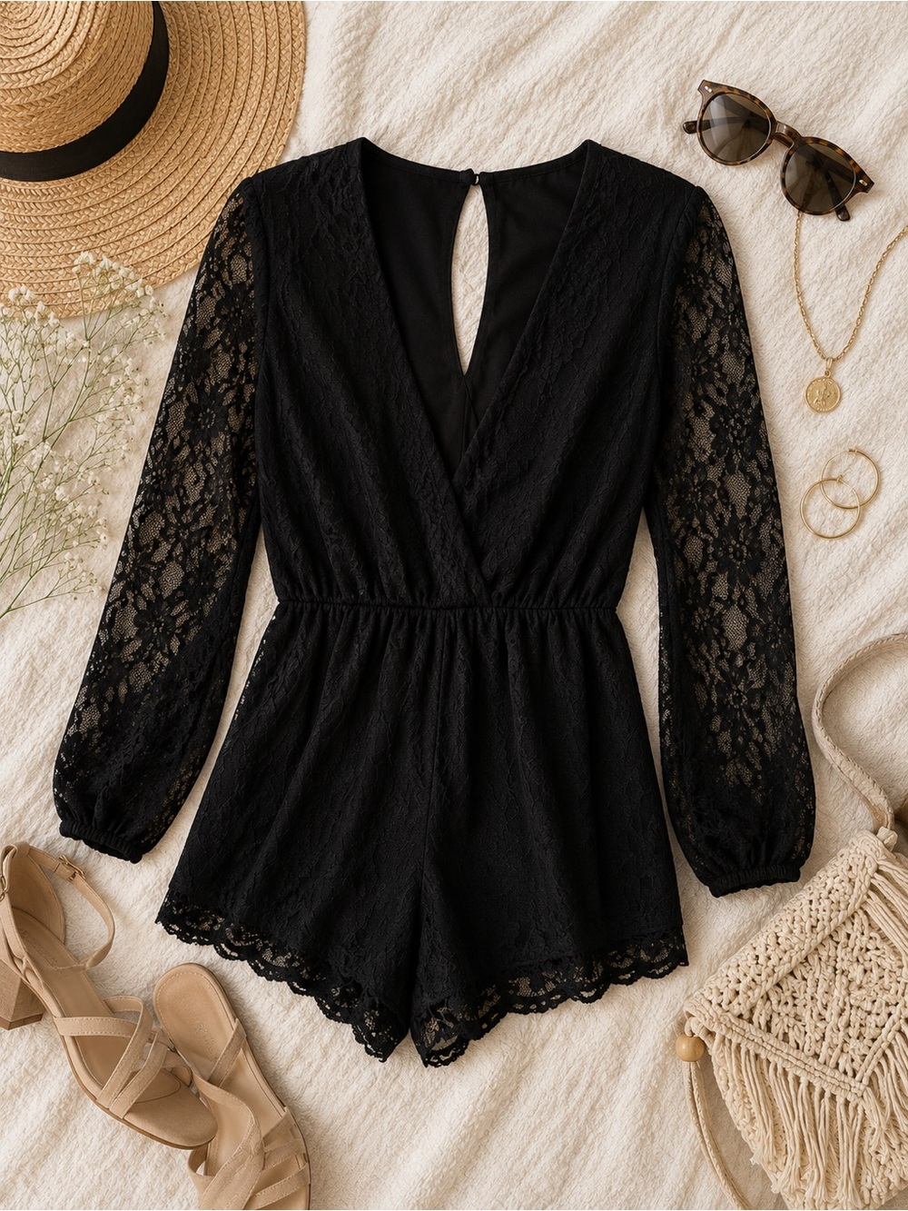 Altar'd State Black Lace Long-Sleeve Romper